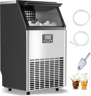 VEVOR Commerciële ijsmachine (54,43 kg/dag) IJsmachine met een opslagcapaciteit van 14,97 kg, 45 ijsblokjes in 15 minuten, LED-digitaal display, vrijstaand, zelfreinigend, voor bar, kantoor, restaurant