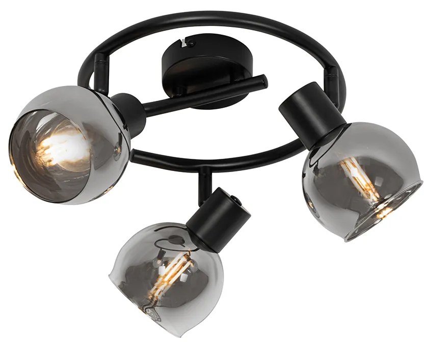 Art Deco plafondlamp zwart met smoke glas 3-lichts rond - Vidro