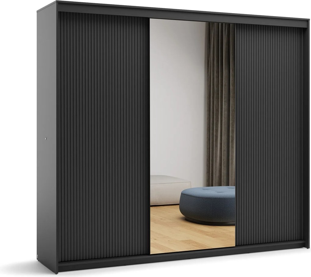 Kledingkast Fresno 167, Zwart, 222x250x63cm, 224 kg, Kledingkast deuren: Schuivend