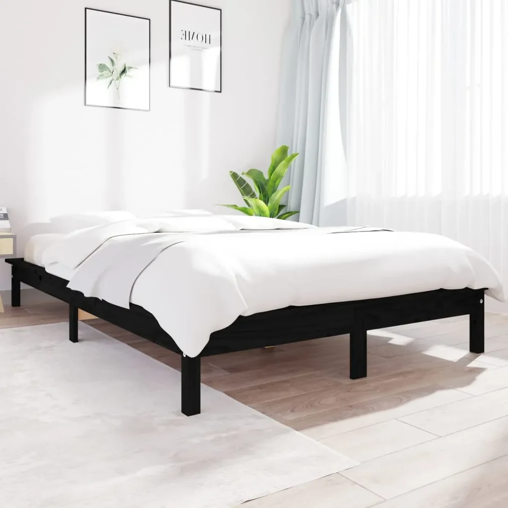 vidaXL Bedframe massief grenenhout zwart 135x190 cm 4FT6 double