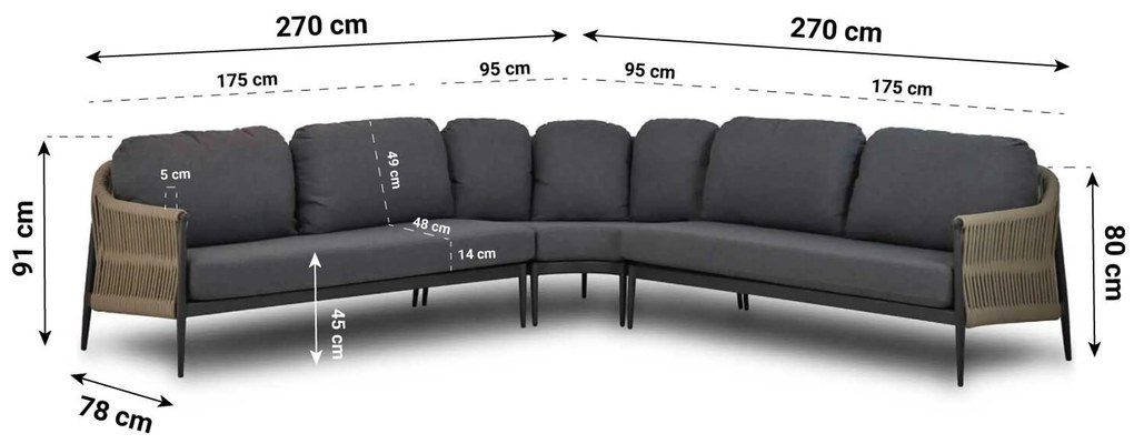 Hoek loungeset 5 personen Aluminium/Rope Taupe Coco Romeo/Rimini
