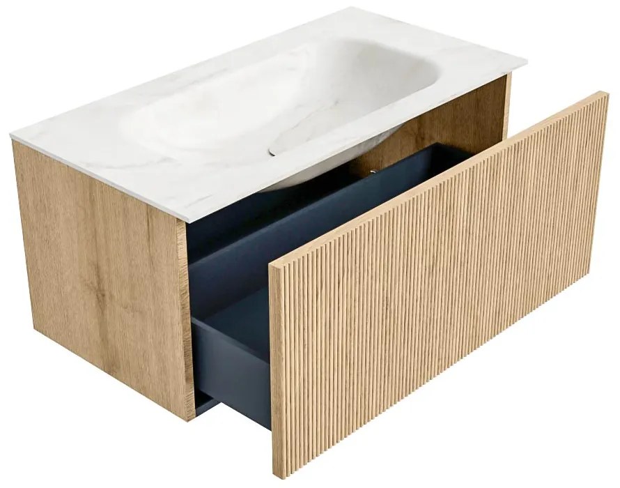 Mondiaz Kurve-dlux 90cm badmeubel oak met 1 lade en wastafel big small midden zonder kraangat ostra