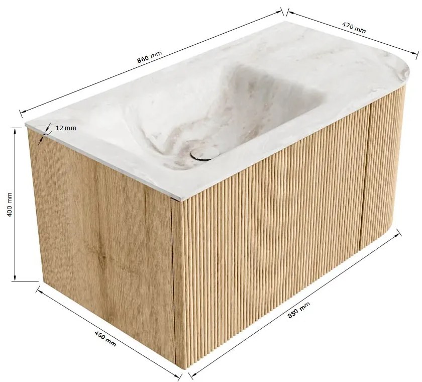 Mondiaz Kurve-dlux 85cm badmeubel ronding rechts walnut met 1 lade en deur en wastafel cloud kraangat links ostra