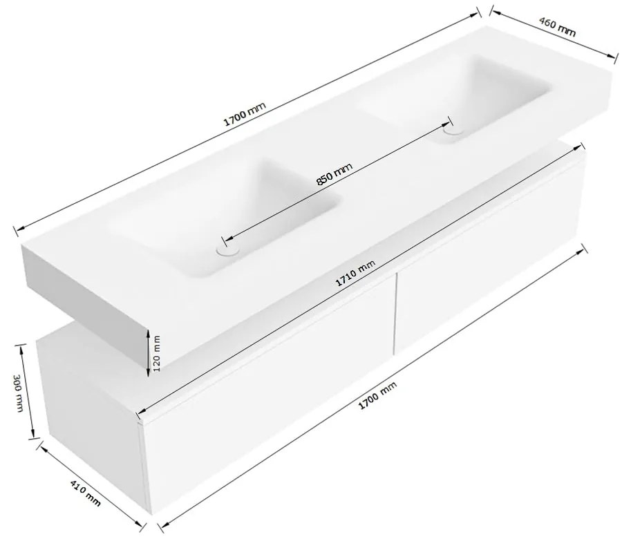 Zaro Alan badmeubel 170cm sand 2 lades met vrijhangende wastafel cloud dubbel 2 kraangaten talc