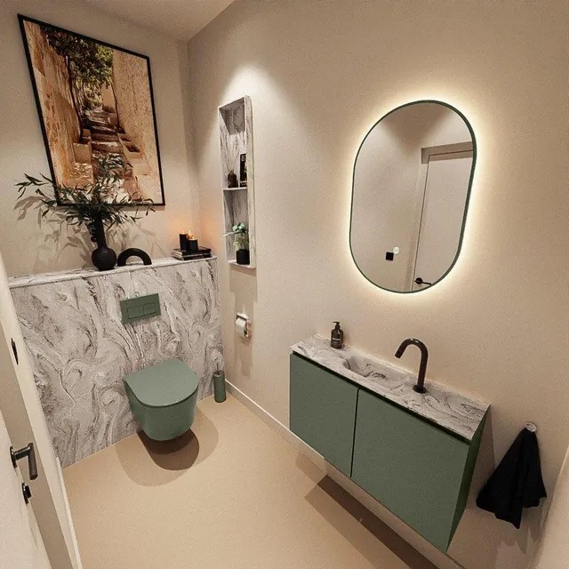 MONDIAZ TURE-DLUX 80cm toiletmeubel Army. EDEN wastafel Glace positie midden. Met 1 kraangat. TUREDX80ARMM1GLA