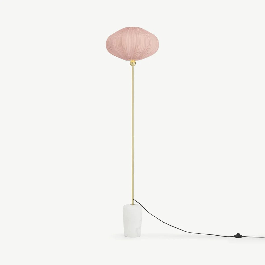 Bonney staande lamp met plisse lampenkap, geborsteld messing, marmer en roze
