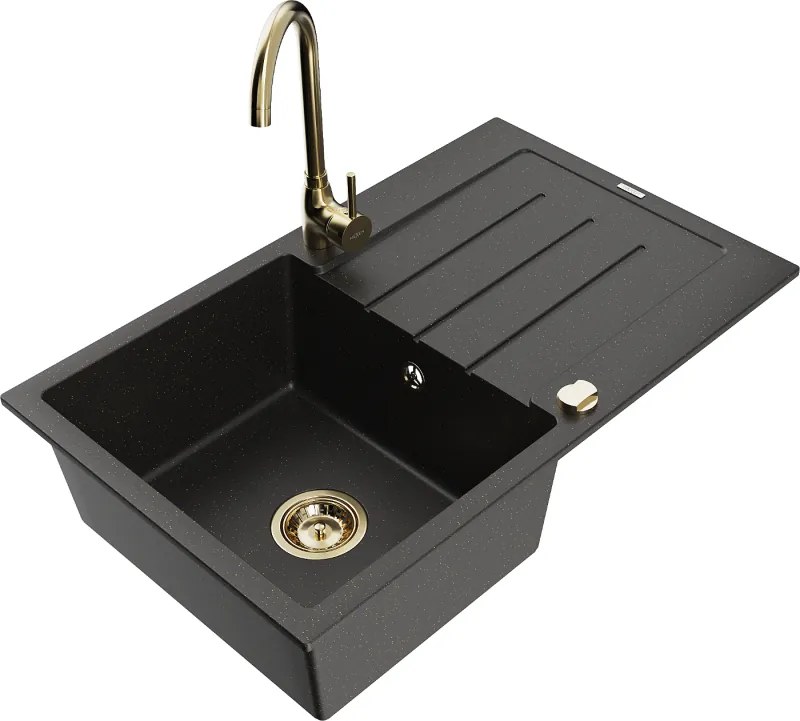 Mexen Bruno granieten gootsteen 1-komorige met afdruiprek en keukenkraan Telma, zwart/goud - 6513-75-670200-50