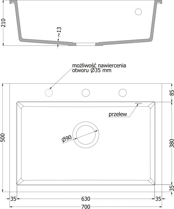 Mexen Elix granieten gootsteen 1-kamer 700 x 500 mm, grijs, chromen sifon - 6526701005-71