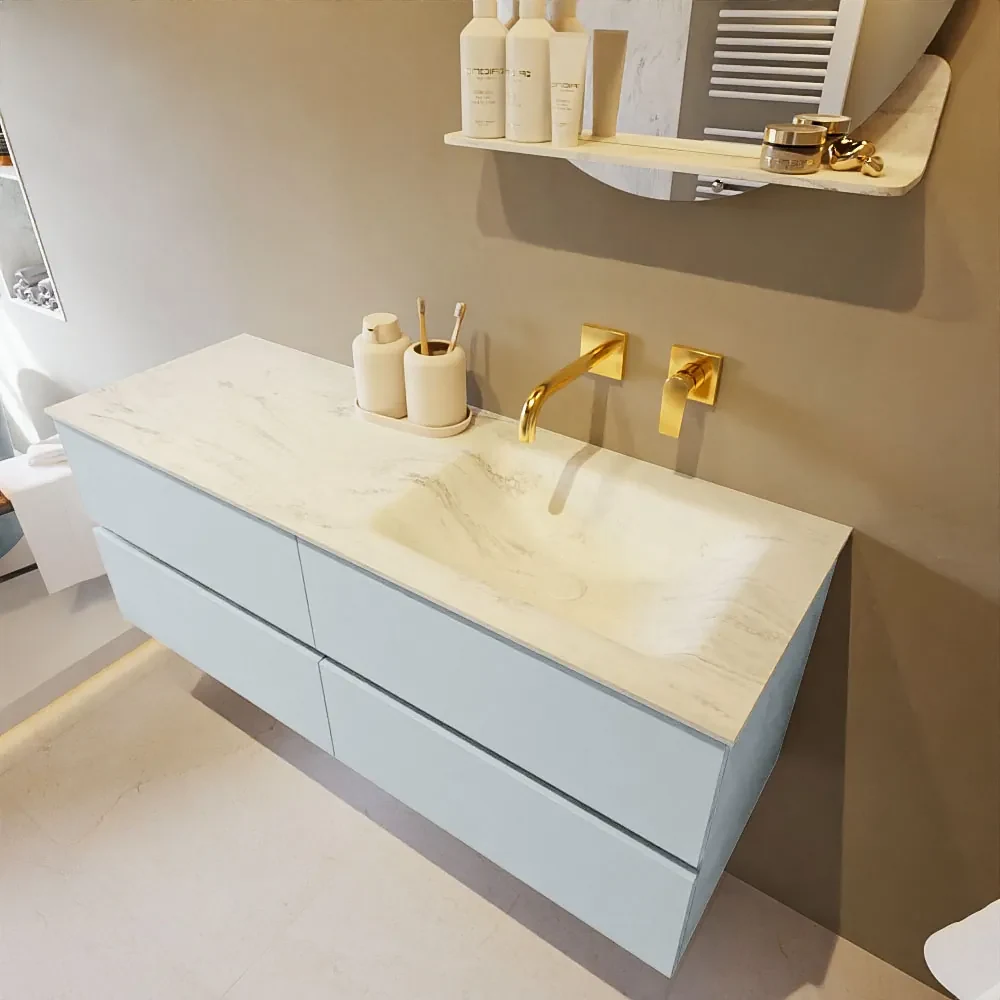 Mondiaz Vica DLux badmeubel 130cm clay 4 lades met wastafel opalo rechts zonder kraangat