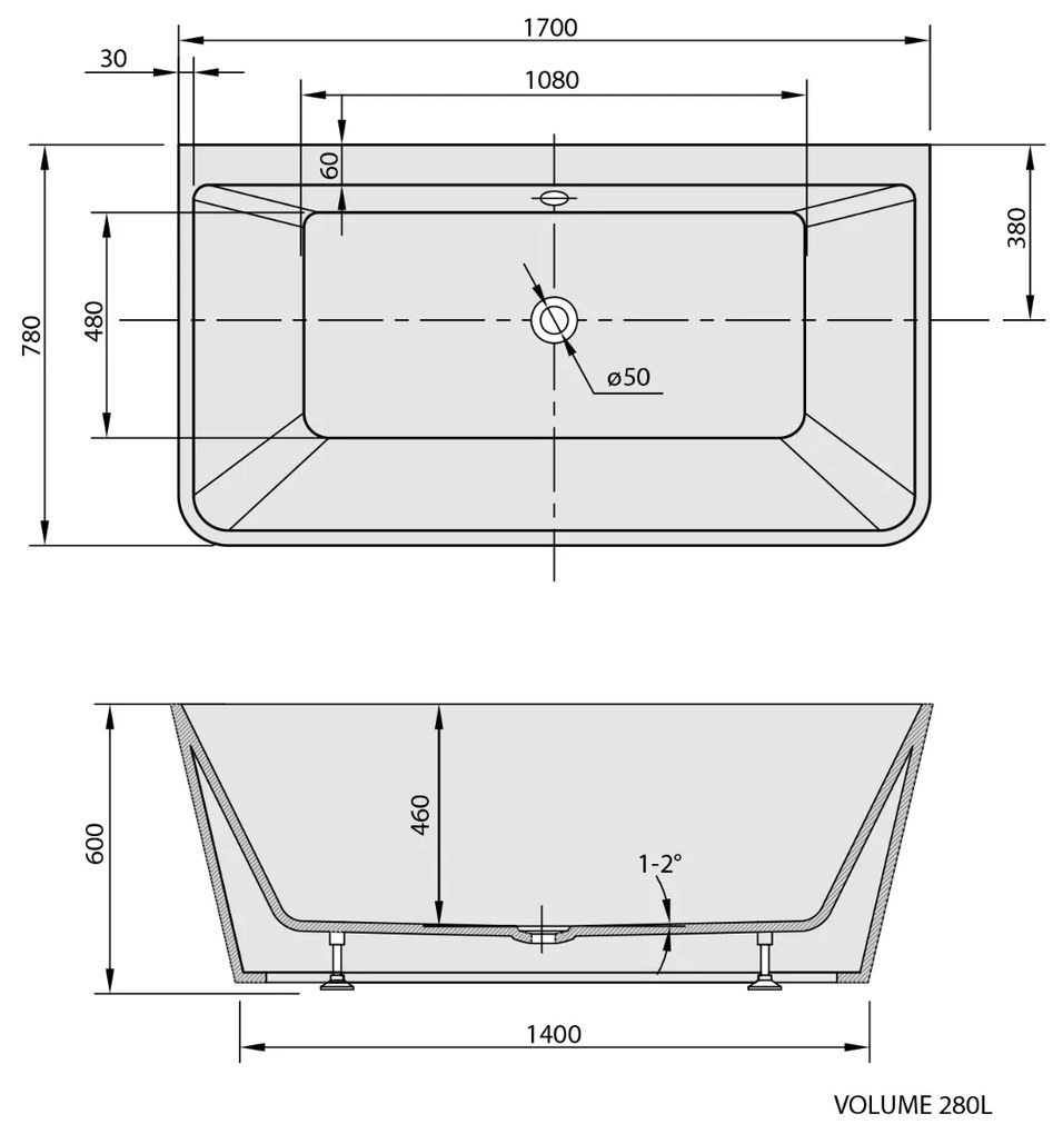 Polysan Liberta vrijstaand bad 170x78x60cm wit glans