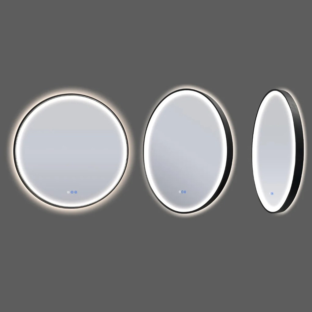 Saniclear Circle Black ronde spiegel met verwarming, direct en indirect licht mat zwart 90cm