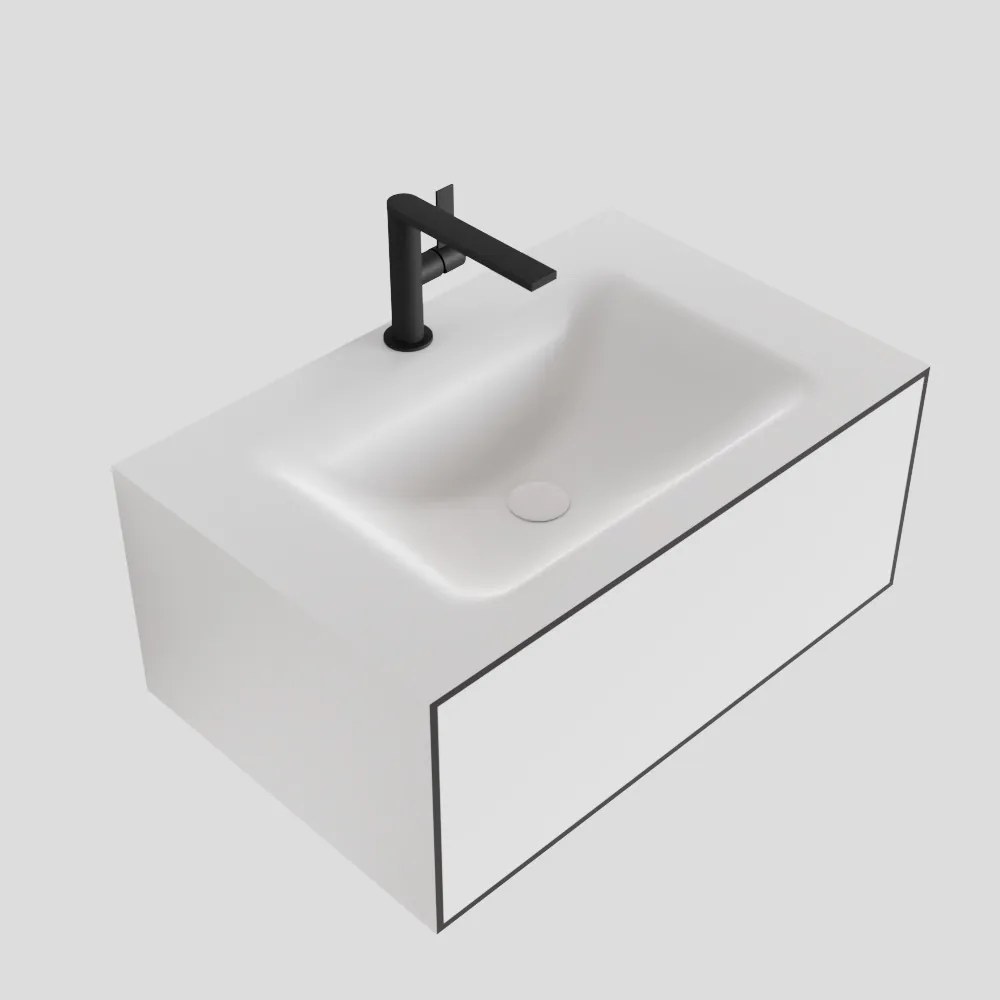 Zaro Lagom volledig naadloos solid surface onderkast 70cm mat zwart met 1 lade Push tot open. Compleet met solid surface wastafel met 1 kraangat(en)