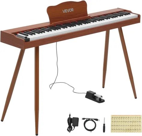 VEVOR Digitale Piano met 88 semi-gewogen toetsen van standaardformaat, bruin, voor beginners, 600 geluiden, 600 ritmes, USB, MIDI, audio-uitgang, hoofdtelefoonaansluiting, sustainpedaal en hifi-luidsprekers.