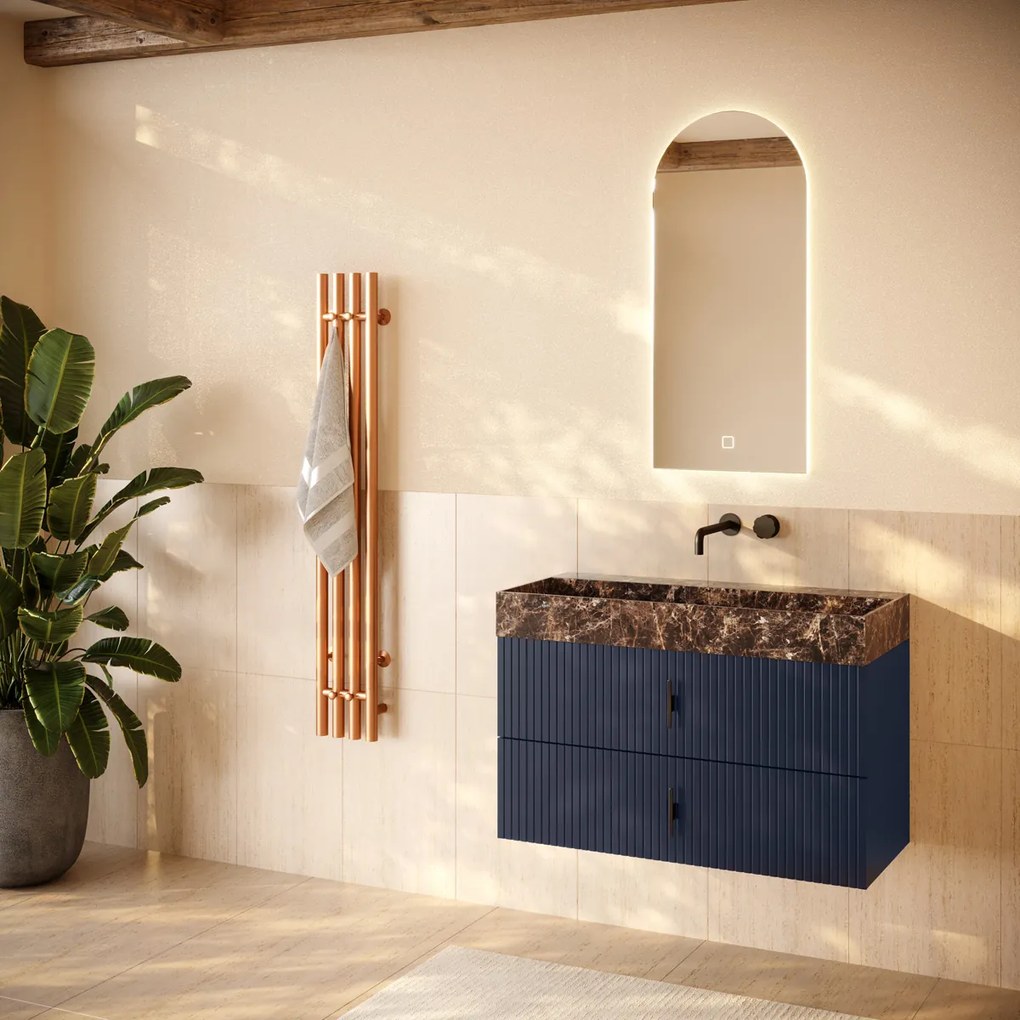 Muebles Murcia badmeubel ribbelfront 100cm marine blauw met Dark Emperador wastafel zonder kraangat