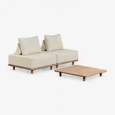 Woonkamer Set Met 2-delige Modulaire Bank En Salontafel 95x95 Cm In Acacia Portet Gardenia Wit - Sklum