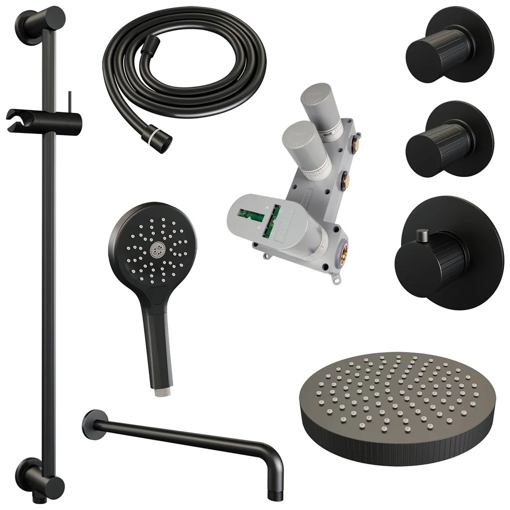 Brauer Stripe inbouw regendouche met 25cm hoofddouche, gebogen muurarm en 3 standen handdouche en glijstang set 11 zwart mat