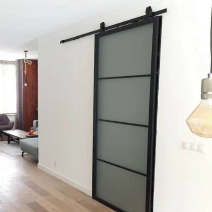 Stalen Schuifdeur - 4-vaks Met Helder Glas - Zwart - Incl. Rails