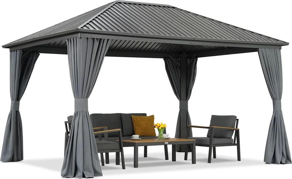 Metalen tuinhuisje Sardinië met gordijnen 3x4 Garden Point antraciet