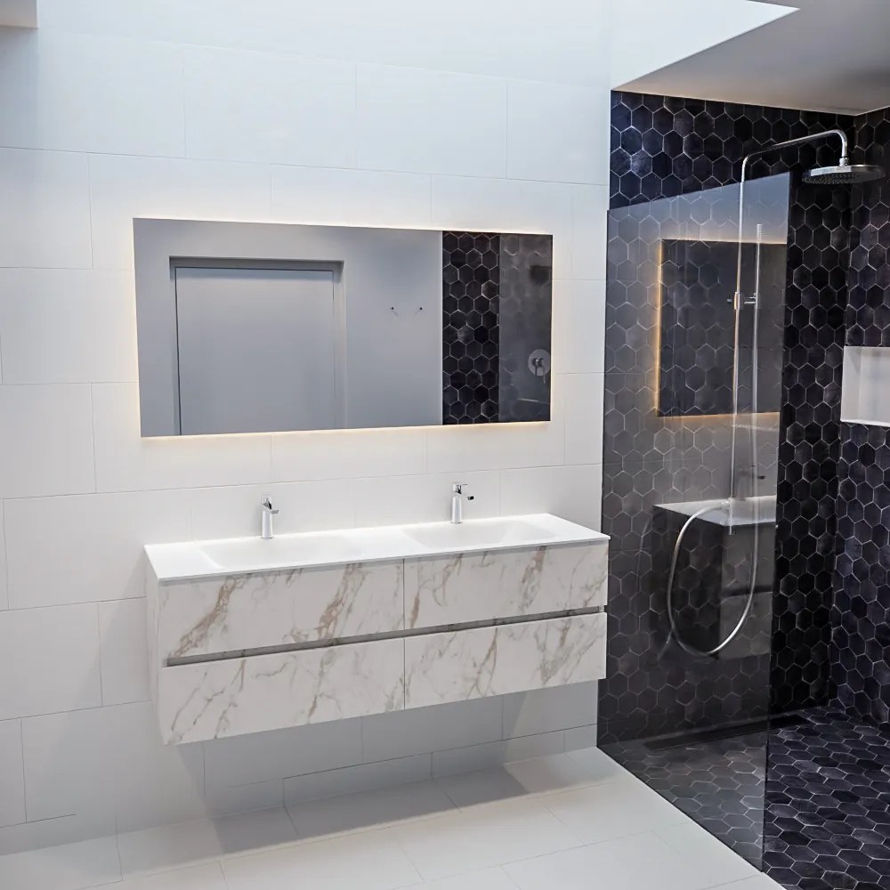 Mondiaz Vica 150cm badmeubel carrara 4 lades wastafel Cloud dubbel 2 kraangaten