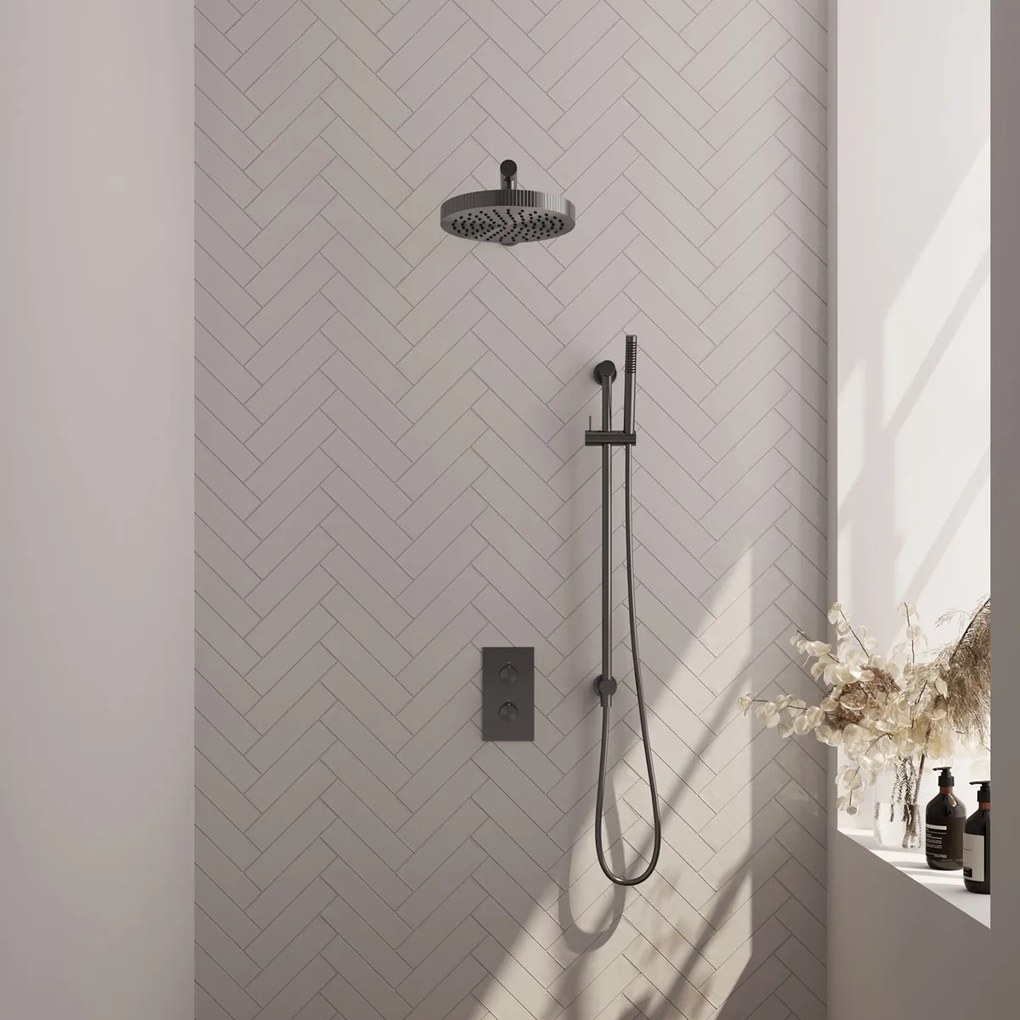 Brauer Stripe inbouw regendouche met 25cm hoofddouche, met rechte muurarm, glijstang en staafhanddouche set 19 gunmetal geborsteld PVD