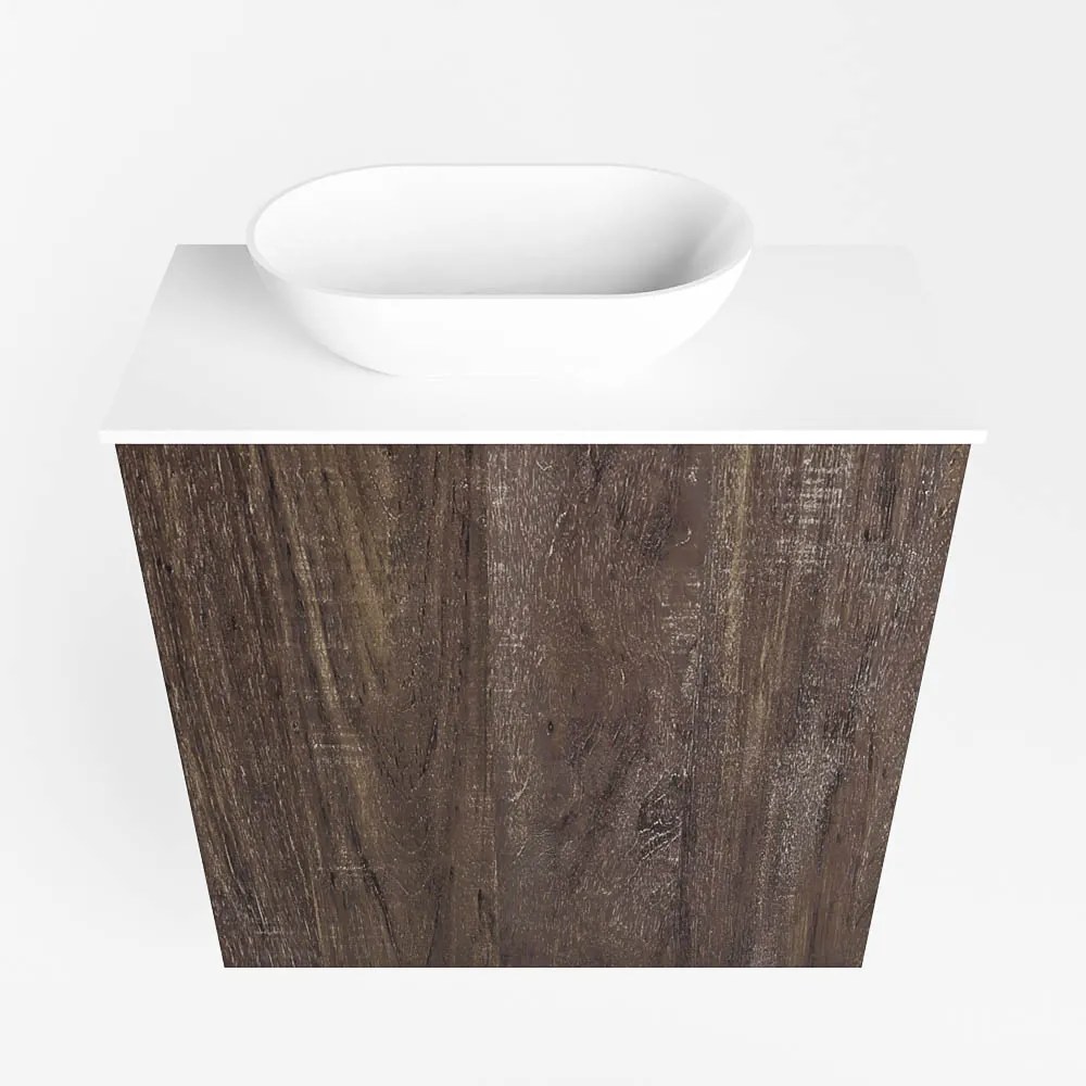 Mondiaz Fowy toiletmeubel 50cm dark brown met witte waskom links en kraangat