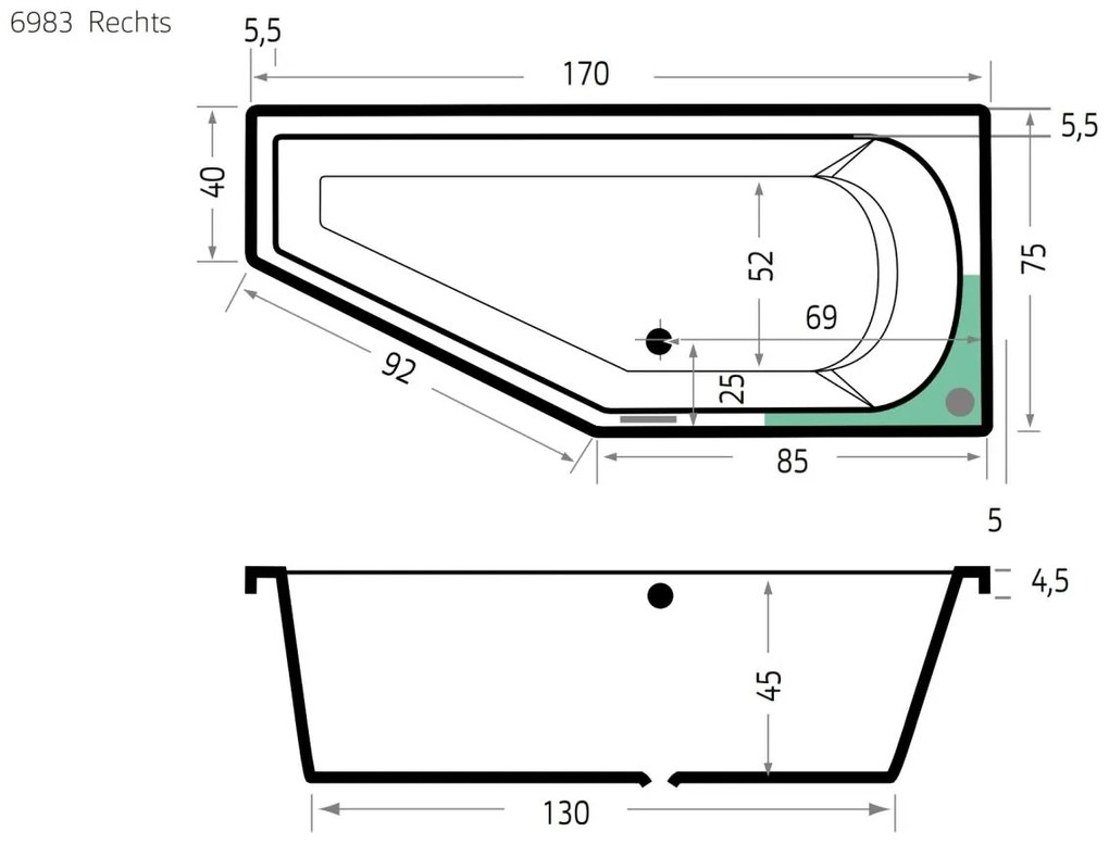 Xenz Lagoon Compact badkuip rechts 170x75x45cm cement