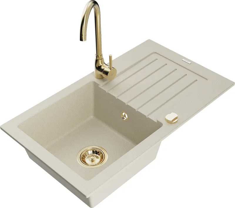 Mexen Pablo granieten gootsteen 1-kompartiment met afdruiprek en Telma keukenkraan, beige - 6510-69-670200-50