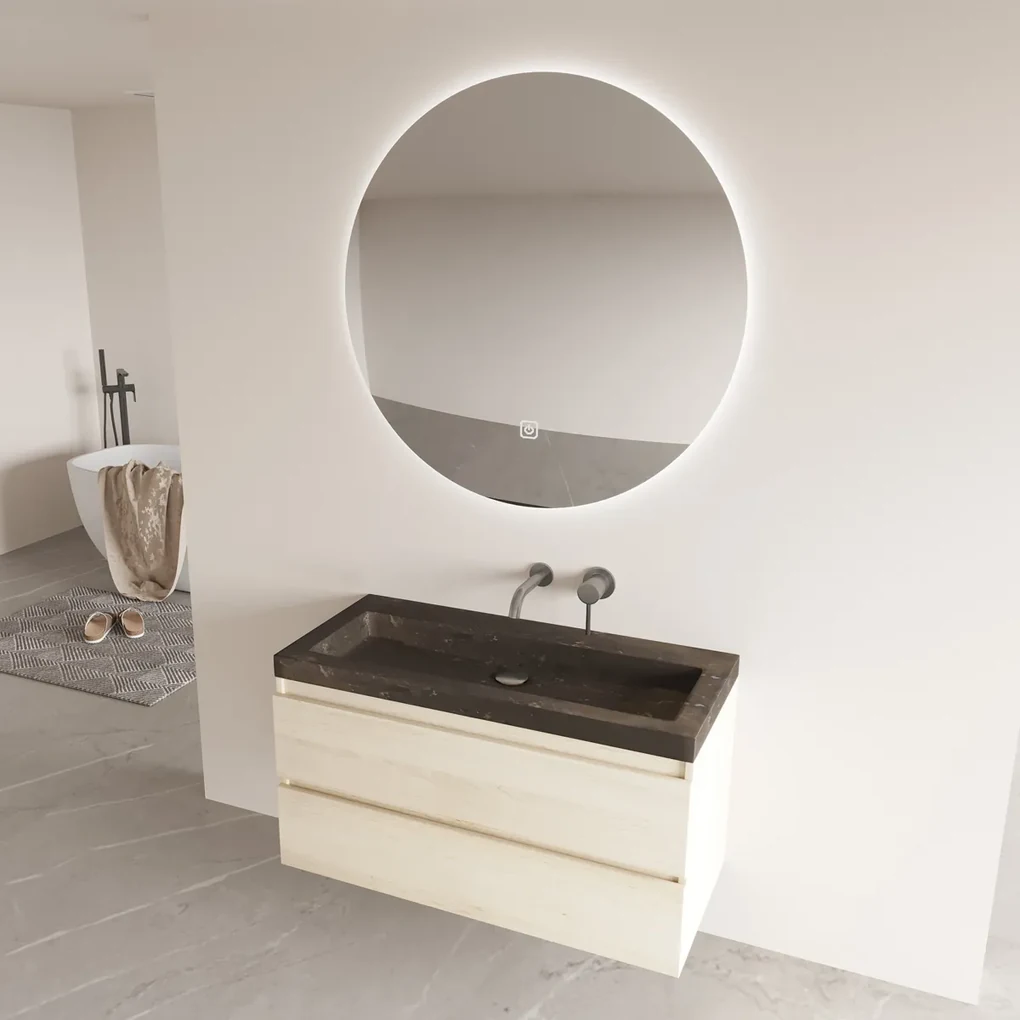 Fontana Freestone badkamermeubel beach eiken 100cm met natuurstenen wastafel zonder kraangat en ronde spiegel