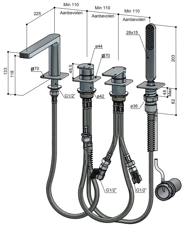 Hotbath Gal badrandcombinatie mengkraan met uitloop geborsteld gunmetal PVD