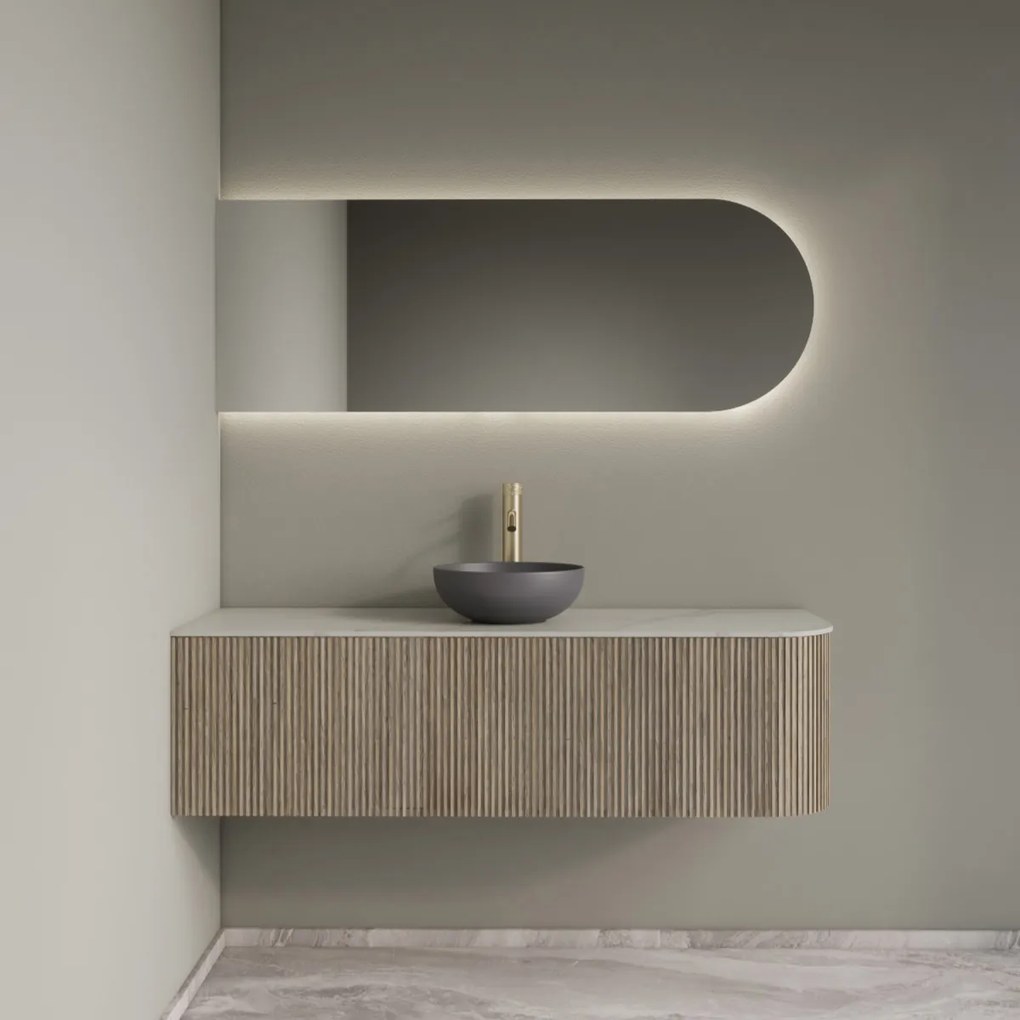 Gliss Design Alluro badmeubel ribbelfront met ronding rechts 140cm corn silk en wit marmer toppaneel