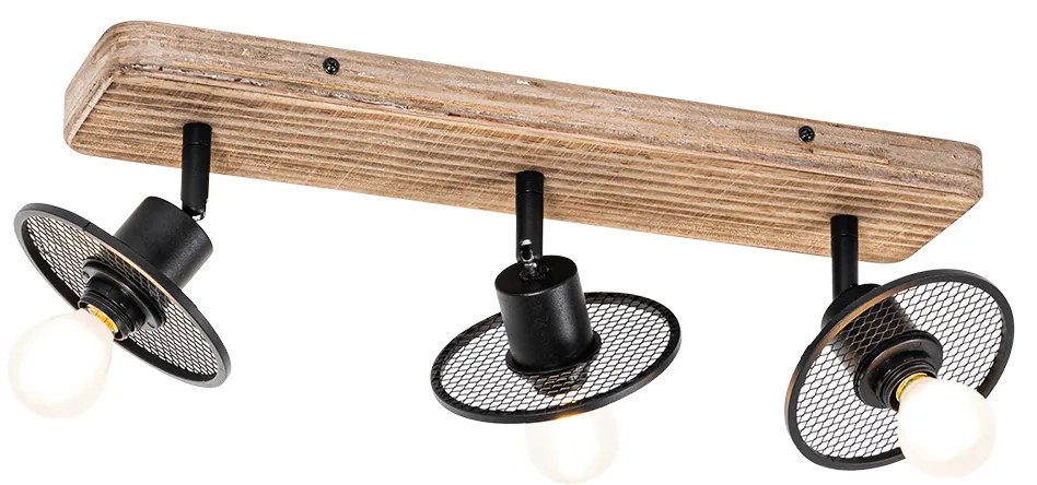 Industriële plafondspot zwart met hout 3-lichts - Jasmijn