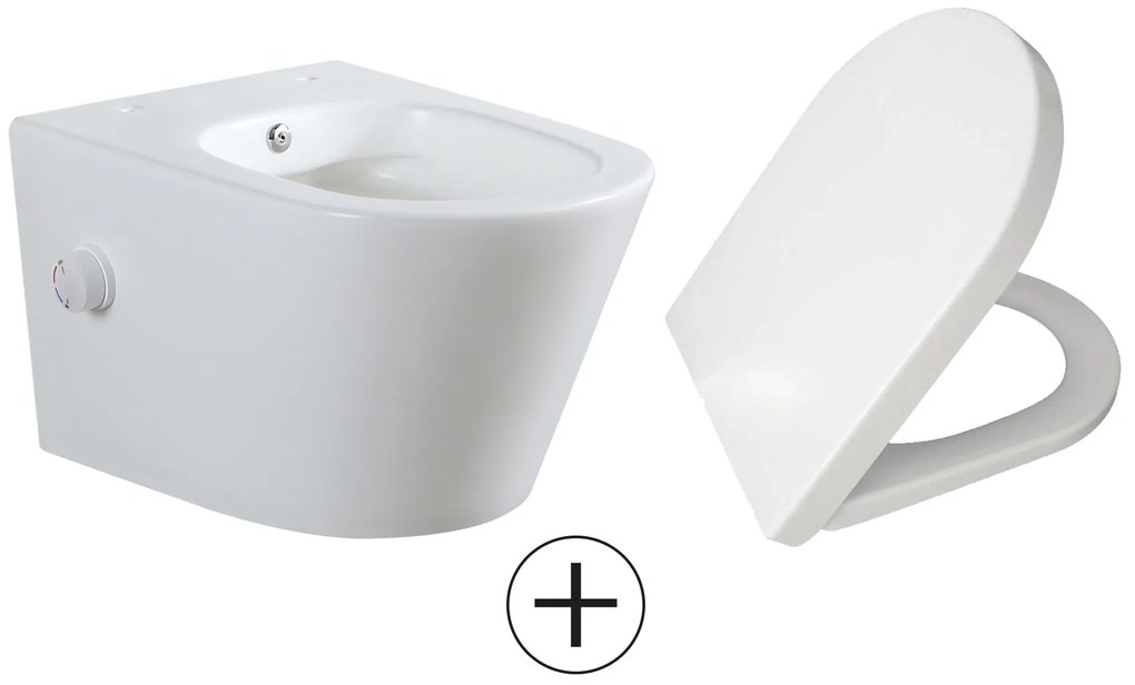 Mueller Afesta randloos toiletpot met bidetsproeier warm/koud en dunne softclose zitting wit mat