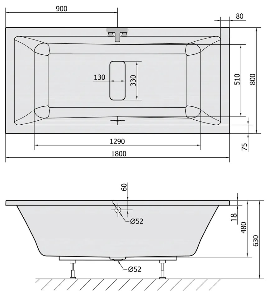 Polysan Marlene Slim ligbad 180x80x48cm wit