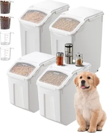 VEVOR Rijstbewaarcontainers Hondenvoerdispenser 4 stuks 2 x 15 L / /20 L x 2 Containers voor Keuken Ingrediënten Granen, Huisdiervoercontainer met Wielen Maatbeker Luchtdichte Deksel