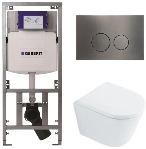 QeramiQ Dely Toiletset - 36.3x51.7cm - diepspoel - rimless - Geberit UP320 inbouwreservoir - met Burda frame - softclose toilet zitting 35 mm - gunmetal bedieningsplaat - ronde knoppen - wit glans SW1026255 / SW1159505/0701131/SW706198