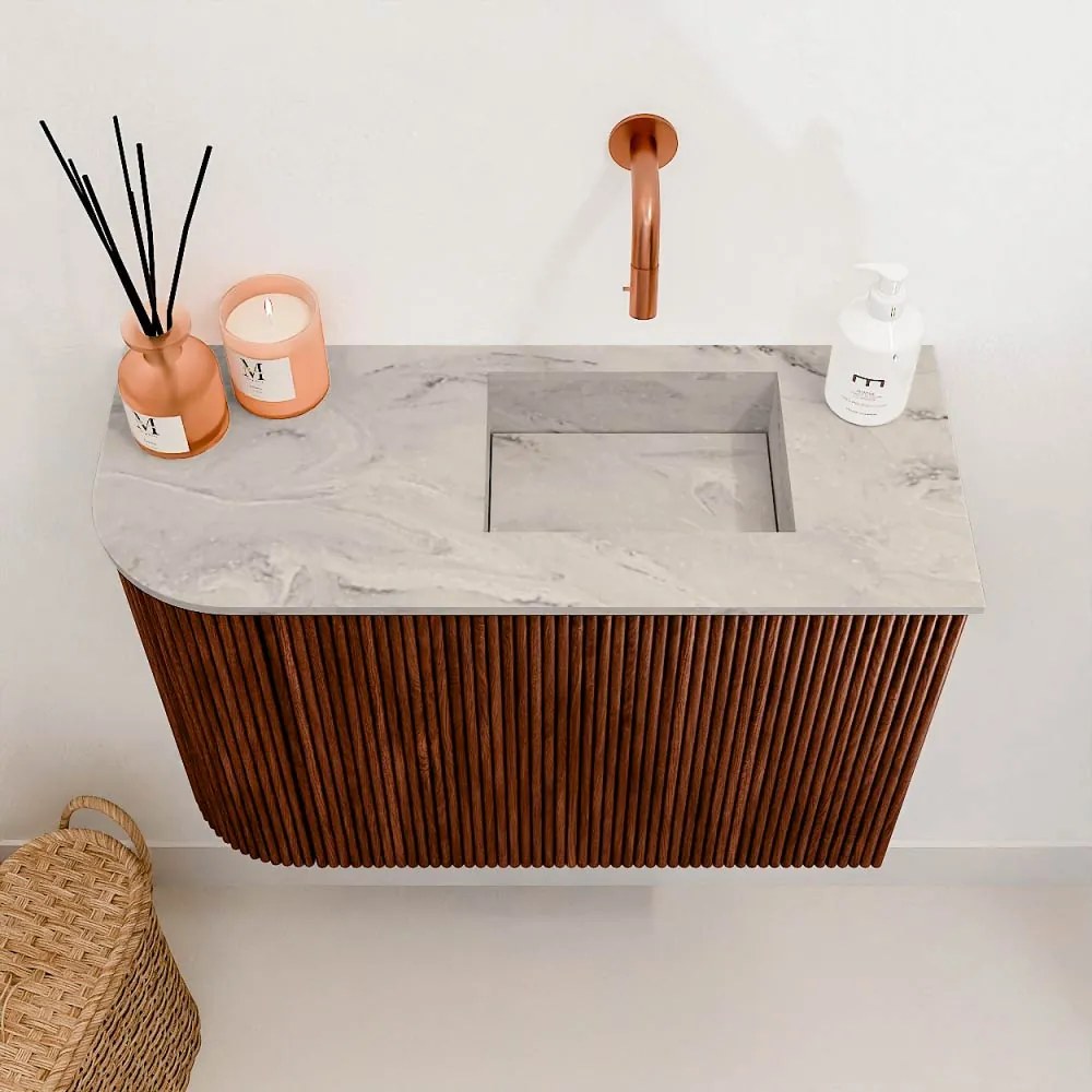 Mondiaz Joya DLux 60cm toiletmeubel ronding links ruby met wastafel faye rechts zonder kraangat glace