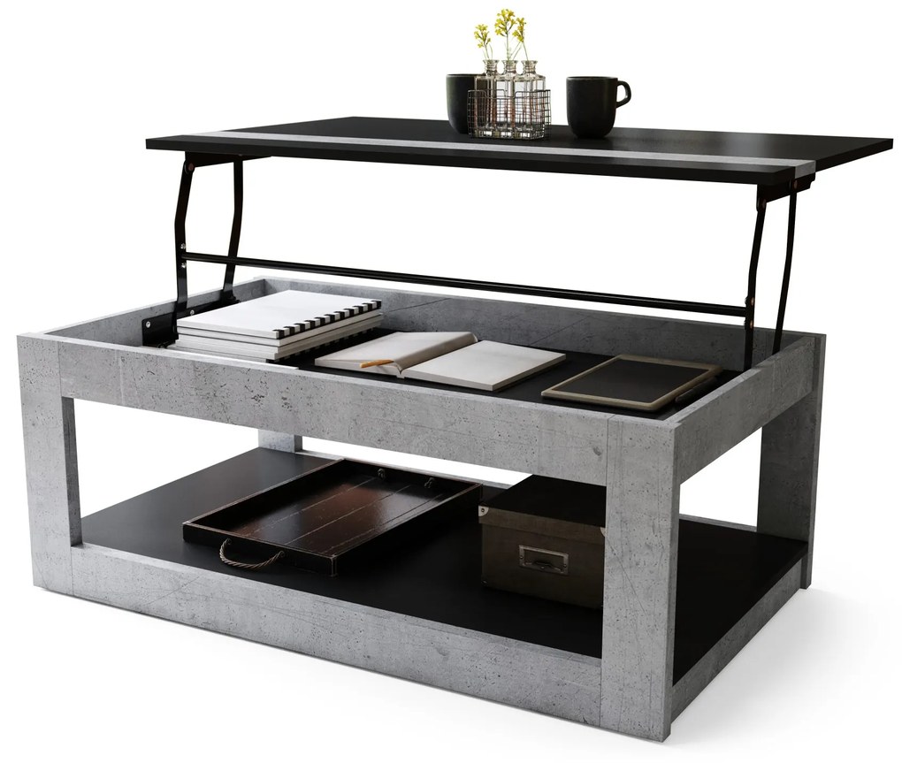 LUSSO Zwart Mat/Millenium Beton - MODERNE SALONTAFEL MET VERHOOGD BLAD + OPBERGRUIMTE + SCHAP (OP WIELEN!)