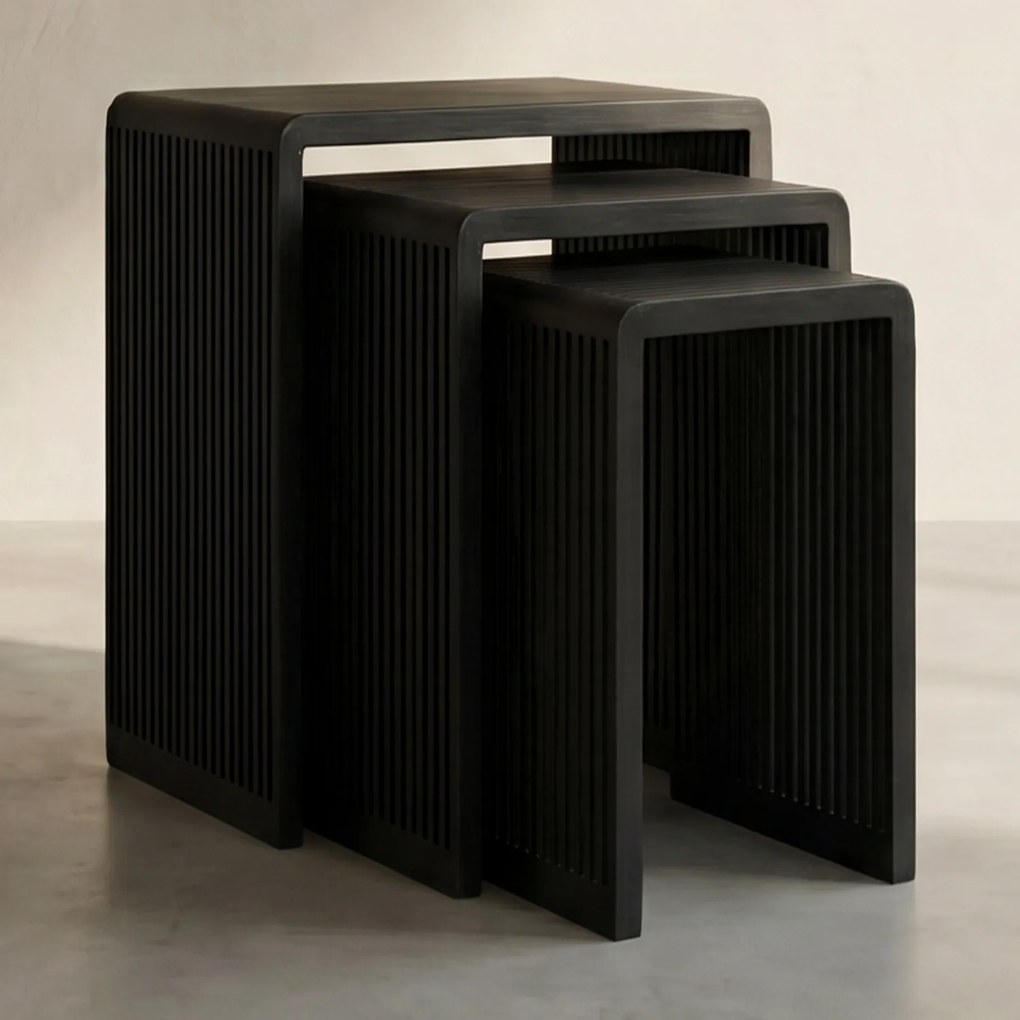 Bijzettafel Set Latjes Zwart Teak