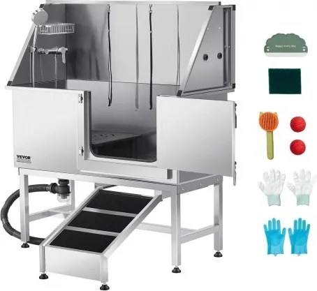 VEVOR roestvrijstalen hondenwasstation, 1270x580x1495 mm, verzorgingsbad met hellingbaan, PE-waterfilterplaat, kraan, douchekop en zeephouder, voor grote, middelgrote en kleine huisdieren (deur rechts)