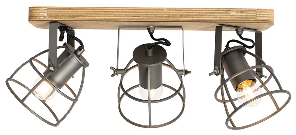 Industriële spot donkergrijs met hout verstelbaar 3-lichts - Arthur