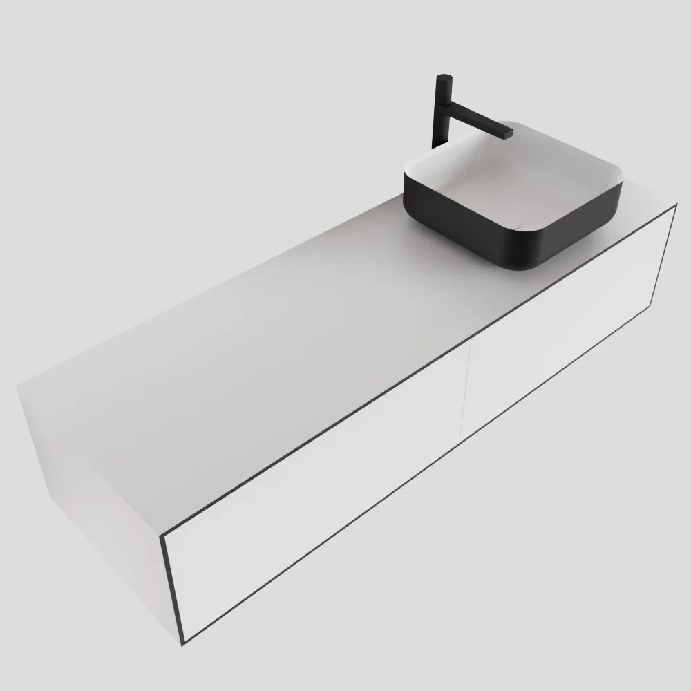 Zaro Lagom volledig naadloos solid surface onderkast met topblad 140cm mat zwart met 2 lades Push tot open. Compleet met solid surface opzetkom met 1 kraangat(en)