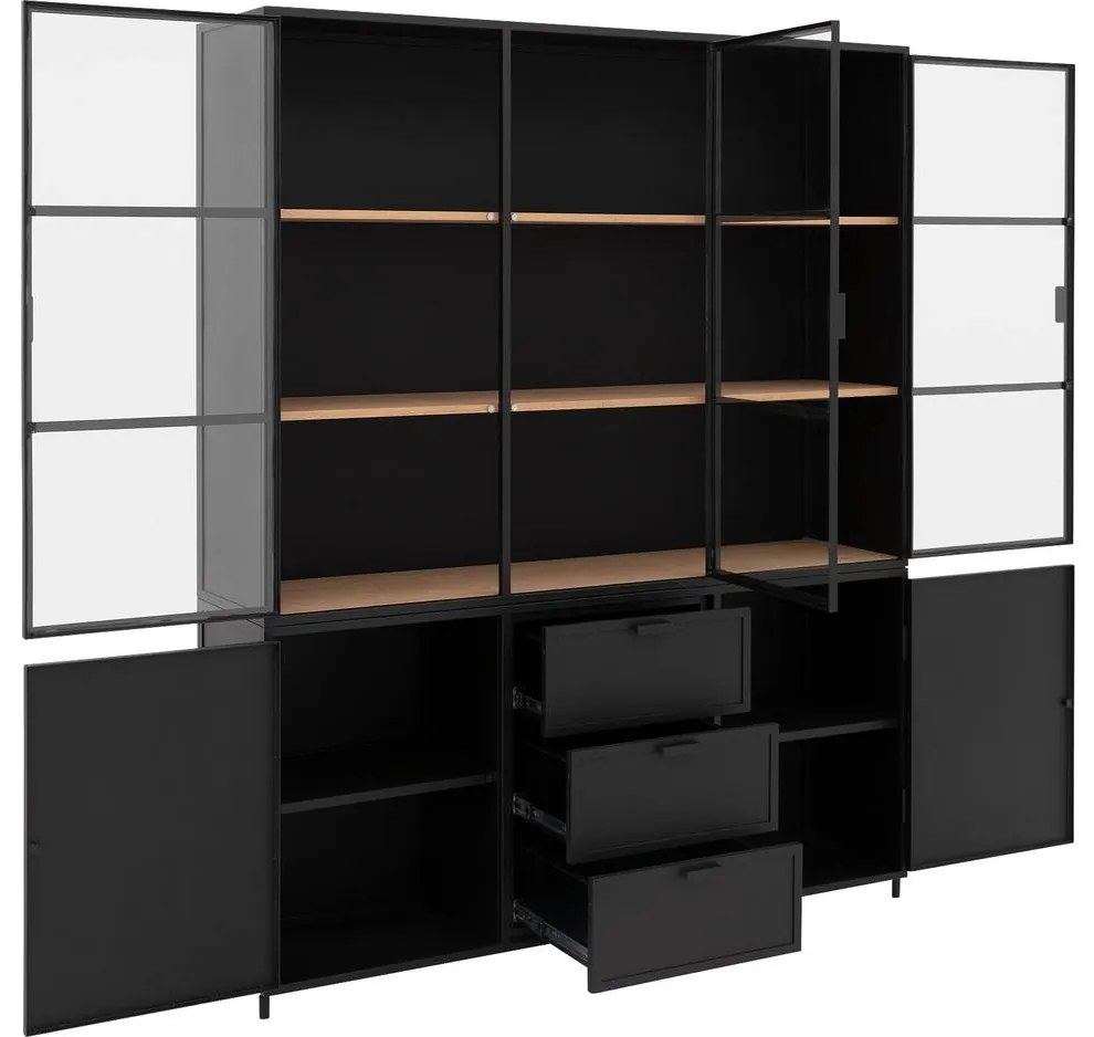 Goossens Buffetkast Metallo, 3 glasdeuren 2 dichte deuren 3 laden, blank eiken, 160 x 200 x 40 cm, urban industrieel