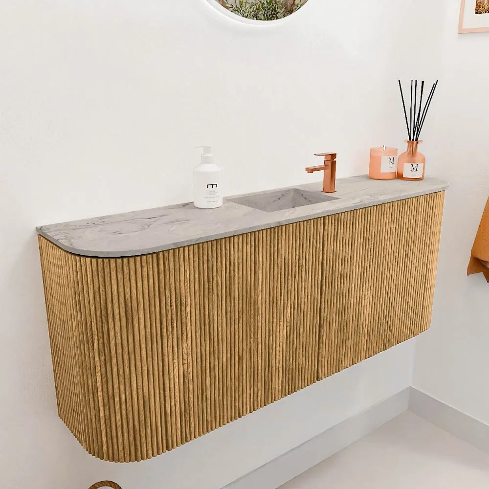 Mondiaz Joya DLux 105cm toiletmeubel ronding links/rechts oak met wastafel faye midden 1 kraangat glace
