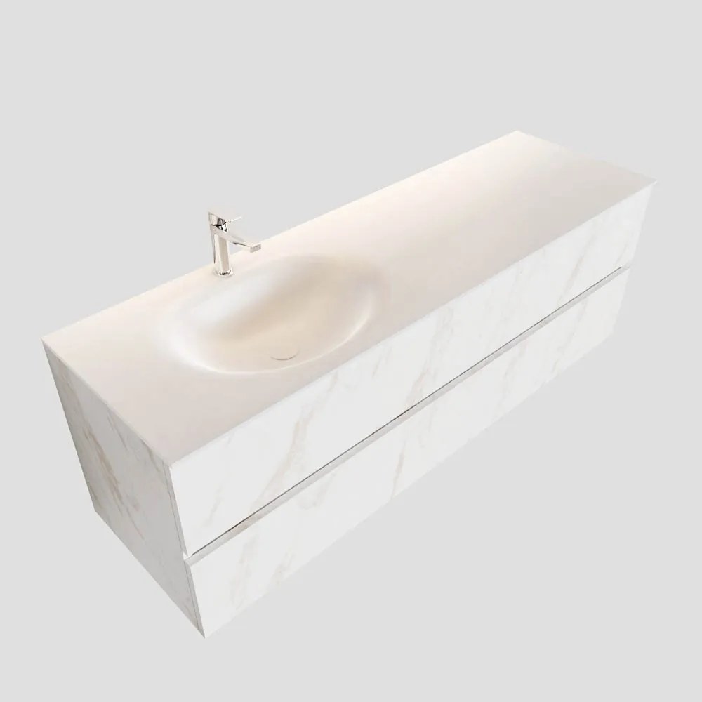 Zaro Sevilla Solid Surface badmeubel 150cm wit marmer 1 kraangat spoelbak links met 2 lades