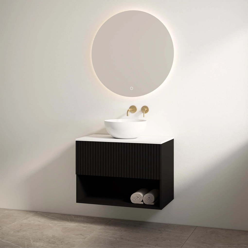 Best Design Rigatti badmeubel 78cm zwart mat met ribbelfront en wit mat topblad
