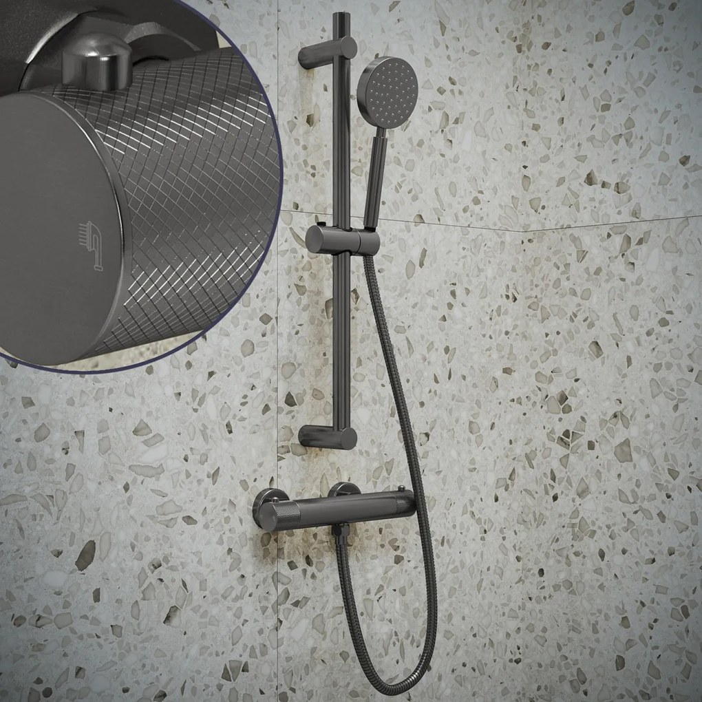 Saniclear Iron Curved doucheset verouderd ijzer / gunmetal met thermostatische kraan, handdouche en glijstang