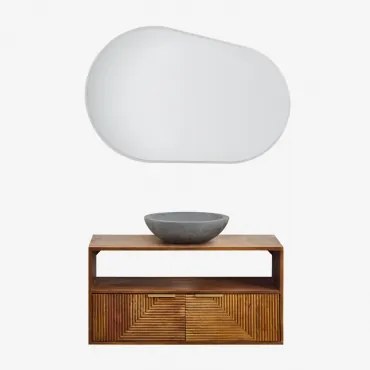 Baty Mangohouten Badkamermeubelset Mangohout & Rond Grijs Cement Ø40 Cm Tarsis & Ovaal Led En Anticondens 100x80 Cm Riben & Zonder Kraan - Sklum