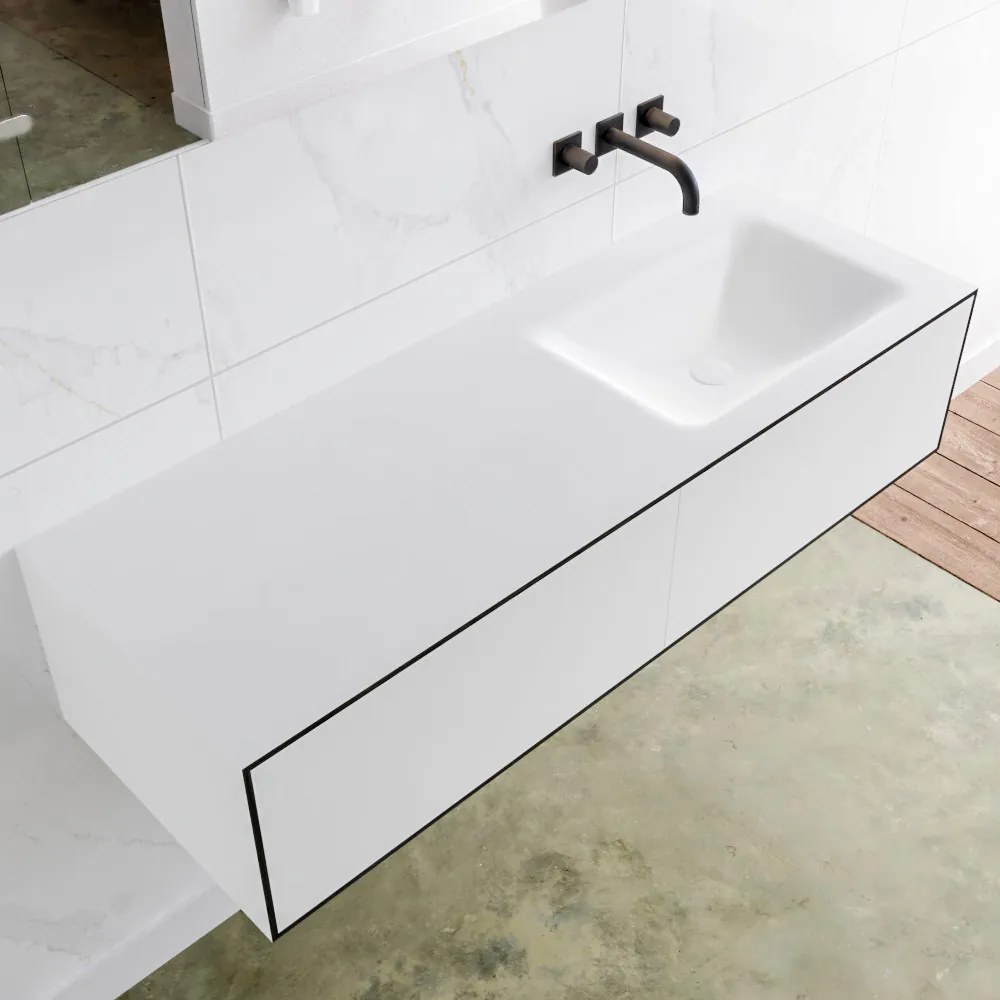 Zaro Lagom volledig naadloos solid surface onderkast 130cm mat zwart met 2 lades Push tot open. Compleet met solid surface wastafel met 0 kraangat(en)