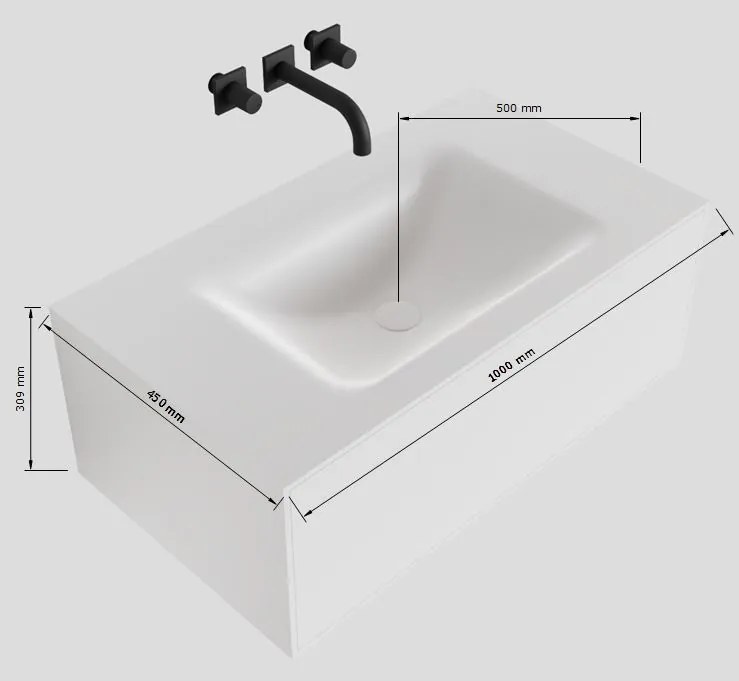 Zaro Lagom volledig naadloos solid surface onderkast 100cm mat wit met 1 lade Push tot open. Compleet met solid surface wastafel met 1 kraangat(en)