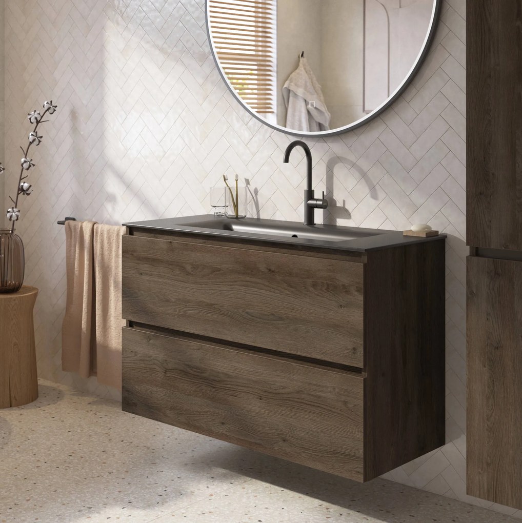 Saqu Terra badmeubel incl. mat witte keramische wastafel 100x46x66cm sepia eiken